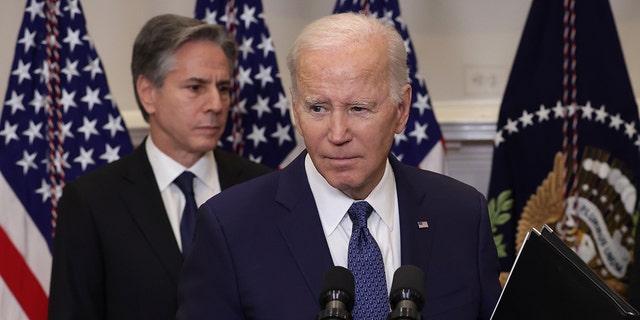 U.S. President Joe Biden and Secretary of State Antony Blinken listens in the Roosevelt Room of the White House on January 25, 2023 in Washington, DC. 