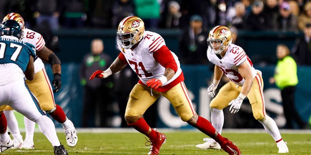 Trent Williams of the San Francisco 49ers blocks during the NFC Championship game at Lincoln Financial Field on Jan. 29, 2023, in Philadelphia.