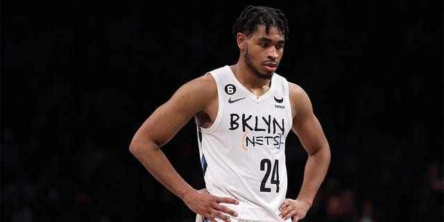 Cam Thomas, #24 of the Brooklyn Nets, looks on against the Phoenix Suns during their game at Barclays Center on Feb. 7, 2023 in New York City.    