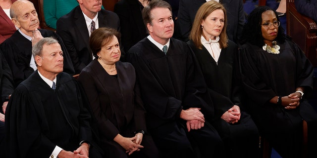 Chief Justice John Roberts and current associate justices Elena Kagan, Brett Kavanaugh, Amy Coney Barrett and Ketanji Brown Jackson listen to U.S. President Joe Biden's State of the Union address at the U.S. Capitol on February 07, 2023, in Washington, DC.