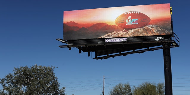 A Super Bowl LVII billboard is seen on February 10, 2023 in Phoenix, Arizona. Super Bowl LVII will be played between the Philadelphia Eagles and the Kansas City Chiefs on February 12, at State Farm Stadium in Glendale, Arizona.  