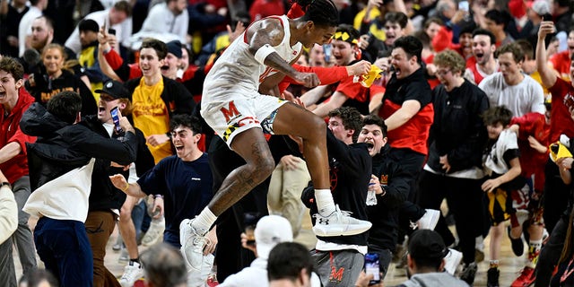 Julian Reese of the Terrapins celebrates after a 68-54 victory against the Purdue Boilermakers on Feb. 16, 2023, in College Park, Maryland.