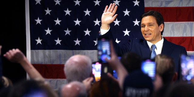 NEW YORK, NEW YORK - FEBRUARY 20: Florida Gov. Ron DeSantis waves at Prive catering hall on February 20, 2023 in the Staten Island borough of New York City. 