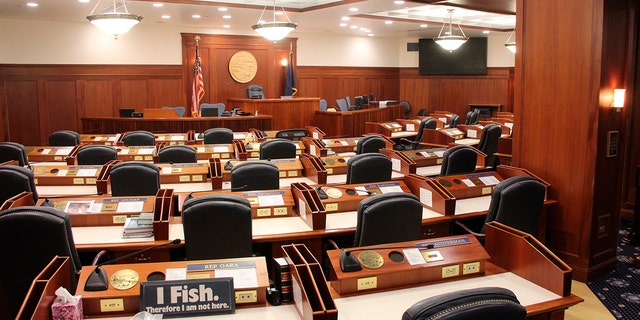 Alaska State Capitol Building, Juneau, interior legislature room. 