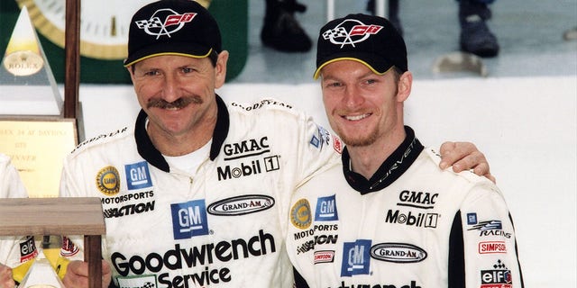 Dale Earnhardt Sr. &amp;amp; Dale Earnhard, Jr. pose together at the raceway in Daytona Beach, Florinda on February 4, 2001. The Earhnardts and Andy Pilgram earned second in the GTS category during the 2001 Rolex 24 Hours of Daytona.  