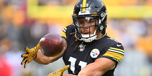 Chase Claypool, #11 of the Pittsburgh Steelers, catches a pass during warm-ups before the game against the Tampa Bay Buccaneers at Acrisure Stadium on Oct. 16, 2022 in Pittsburgh.