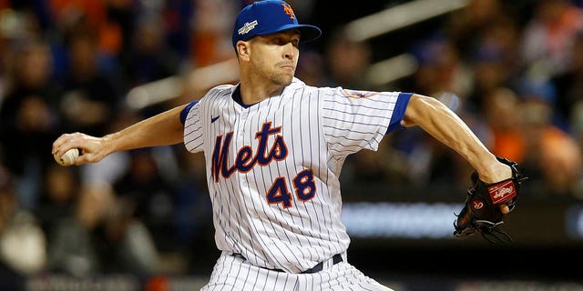 Jacob deGrom of the New York Mets in action against the San Diego Padres during Game 2 of an NL wild-card series at Citi Field Oct. 8, 2022, in the Flushing neighborhood of the Queens borough of New York City. 