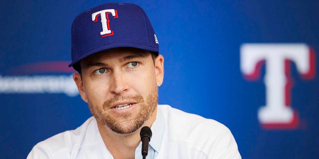 Jacob deGrom of the Texas Rangers addresses the media at an introductory press conference at Globe Life Field Dec. 8, 2022, in Arlington, Texas.