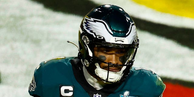 Jalen Hurts #1 of the Philadelphia Eagles celebrates in the end-zone against the Kansas City Chiefs during the fourth quarter in Super Bowl LVII at State Farm Stadium on February 12, 2023, in Glendale, Arizona.