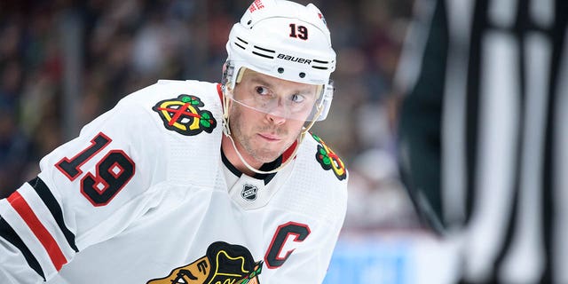 Jonathan Toews #19 of the Chicago Blackhawks waits for a face-off during the third period of their NHL game against the Vancouver Canucks at Rogers Arena on January 24, 2023, in Vancouver, British Columbia, Canada.