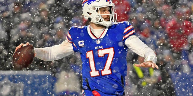 Buffalo Bills quarterback Josh Allen passes against the Cincinnati Bengals during the AFC divisional round game at Highmark Stadium on Jan. 22, 2023, at Orchard Park, New York.