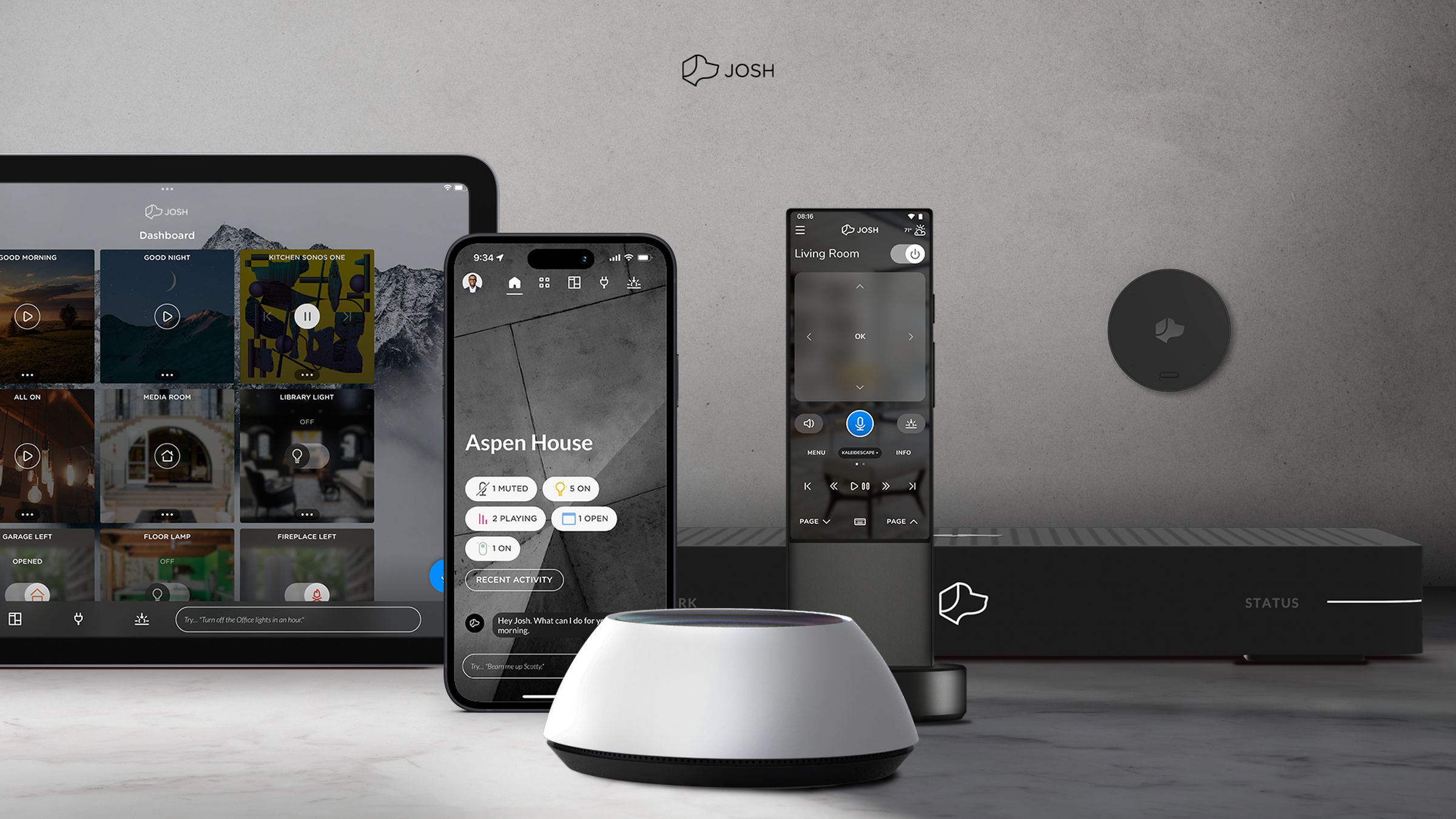 The Josh.ai system comprises of a hub and two models of smart speakers as well as an app and integration with the Ava smart remote.