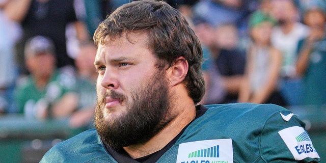 Philadelphia Eagles guard Josh Sills looks on during training camp at Lincoln Financial Field in Philadelphia, on Aug. 7, 2022.