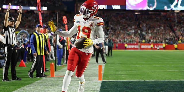 Kadarius Toney #19 of the Kansas City Chiefs celebrates after a five yard touchdown reception against the Philadelphia Eagles during the fourth quarter in Super Bowl LVII at State Farm Stadium on February 12, 2023, in Glendale, Arizona.