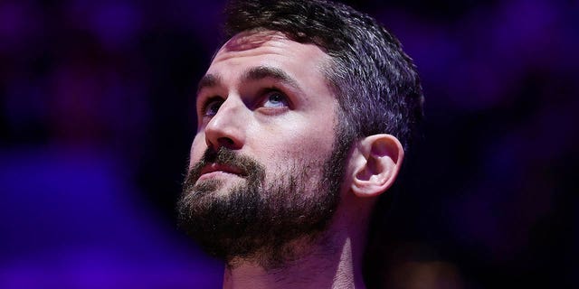 Kevin Love of the Cleveland Cavaliers before the 76ers game at Wells Fargo Center on Feb. 15, 2023, in Philadelphia.