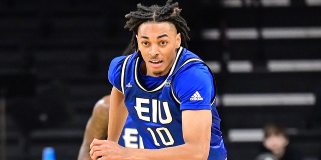 Eastern Illinois guard Kinyon Hodges, #10, goes after a loose ball during a college basketball game between the Eastern Illinois Panthers and the Iowa Hawkeyes on Dec. 21, 2022, at Carver-Hawkeye Arena in Iowa City, Iowa.