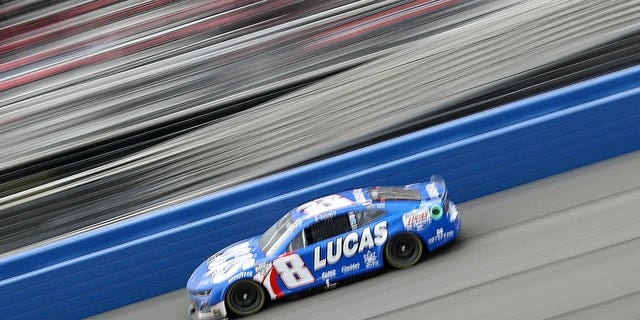 Kyle Busch, driver of the #8 Lucas Oil Chevrolet, drives during the NASCAR Cup Series Pala Casino 400 at Auto Club Speedway on February 26, 2023 in Fontana, California.