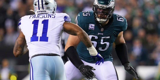 Lane Johnson #65 of the Philadelphia Eagles blocks Micah Parsons #11 of the Dallas Cowboys at Lincoln Financial Field on October 16, 2022 in Philadelphia, Pennsylvania.