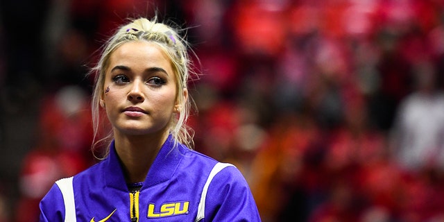 Olivia Dunne of LSU looks on after a PAC-12 meet against Utah at Jon M. Huntsman Center on January 6, 2023, in Salt Lake City, Utah.