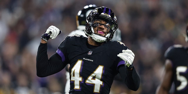 Marlon Humphrey, #44 of the Baltimore Ravens, reacts during an NFL football game between the Baltimore Ravens and the Pittsburgh Steelers at M&amp;T Bank Stadium on Jan. 1, 2023 in Baltimore.