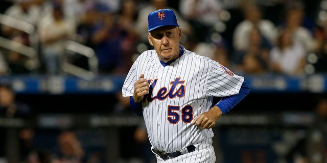 Mets pitching coach Phil Regan runs back to the dugout during the Atlanta Braves game at Citi Field on June 28, 2019, in New York City.