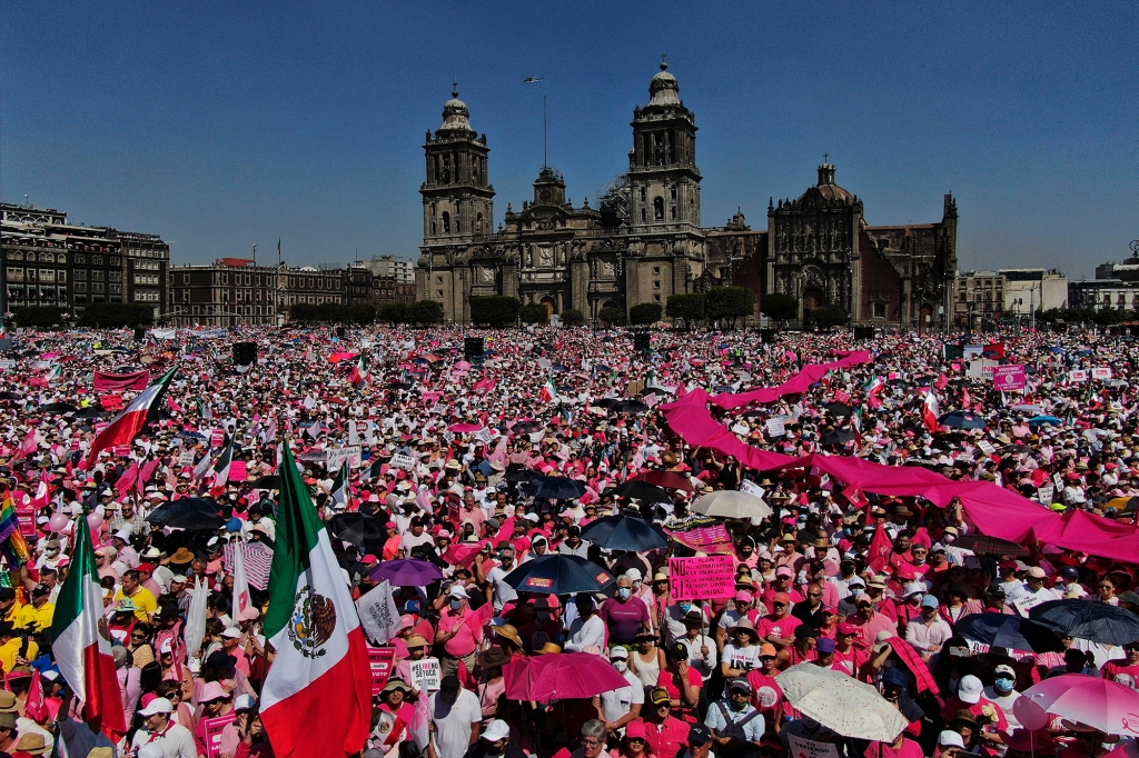 Anti-government demonstrators protest against recent reforms pushed by President Andres Manuel Lopez Obrador to the country's electoral law that they say threaten democracy, in Mexico City's main square, The Zocalo, Sunday, Feb. 26, 2023. 
