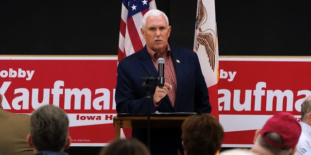 Former Vice President Mike Pence headlines the annual Kaufmann Family Harvest Dinner, on Sept. 29, 2022 in Wilton, Iowa. The event attracted Republican officials, politicians, leaders, and activists.