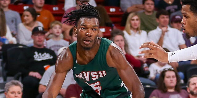 Mississippi Valley State Delta Devils forward Alvin Stredic (15) dribbles during the game between the Mississippi State Bulldogs and the Mississippi Valley State Delta Devils on December 3, 2022 at Humphrey Coliseum in Starkville, MS.