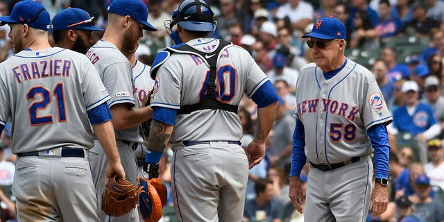 Phil Regan of the New York Mets walks to the pitchers mound during the Cubs game at Wrigley Field on June 22, 2019, in Chicago.