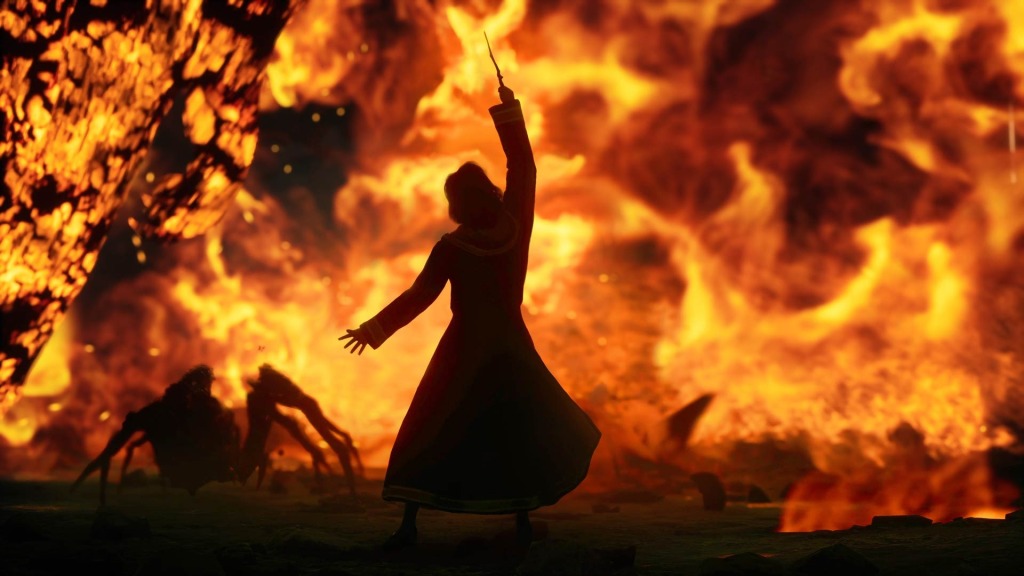 A witch or wizard faces tall flames with a wand raised in the air