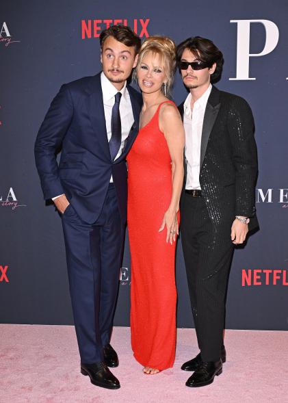 Brandon Thomas Lee, Pamela Anderson, and Dylan Jagger Lee attend the Premiere of Netflix's "Pamela, a love story"