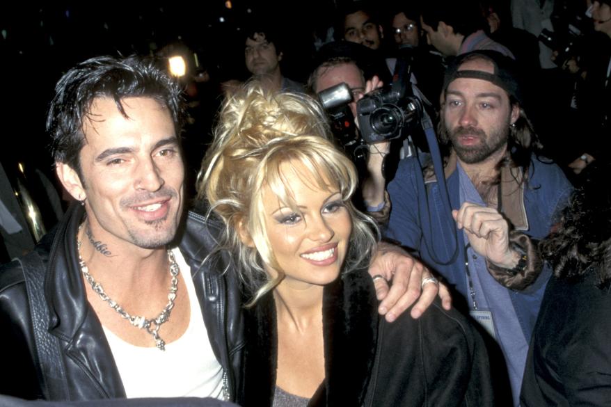 Tommy Lee And Pamela Anderson during Hard Rock Hotel & Casino Las Vegas Grand Opening Party Hosted by Peter Morton at Hard Rock Hotel & Casino in Las Vegas, Nevada, United States.