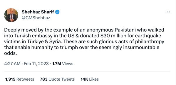 Pictured is a tweet from the Pakistani prime minister revealing the $30 million donation. 