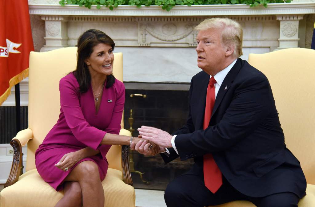 Former President Donald Trump and Nikki Haley at the White House on Oct. 9, 2018. Haley announced Tuesday that she will challenge Trump for the Republican presidential nomination. 