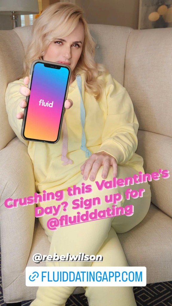 Rebel Wilson shows her new dating app called Fluid. 