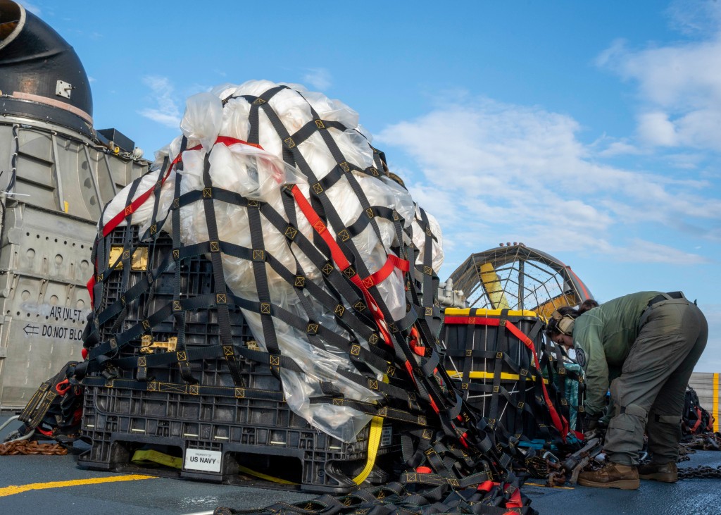 Sailors prepared to transport the remains of the balloon to federal agents at Joint Expeditionary Base Little Creek. 
