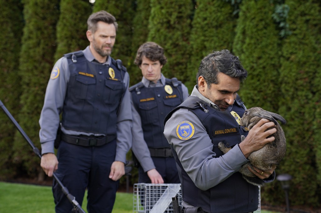 Frank (Joel McHale), Fred (Michael Rowland) and Amit (Ravi Patel) in "Animal Control." 