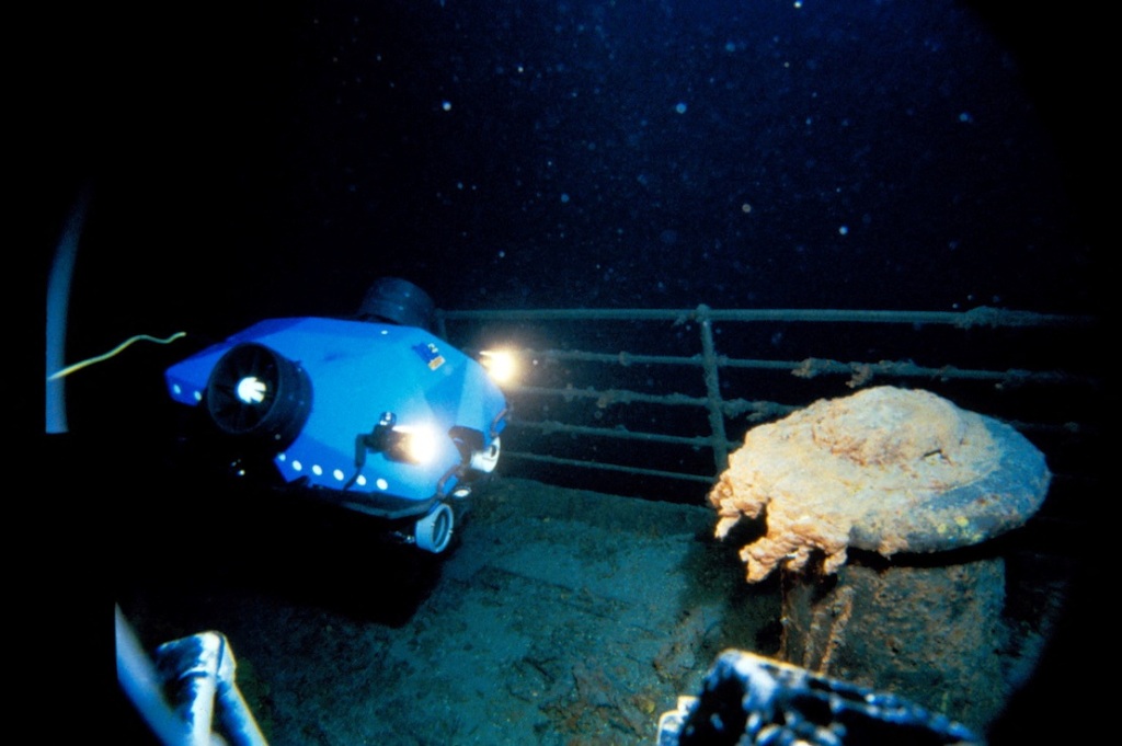 Remotely Operated Vehicle Jason Jr. inspects Titanic's deck.