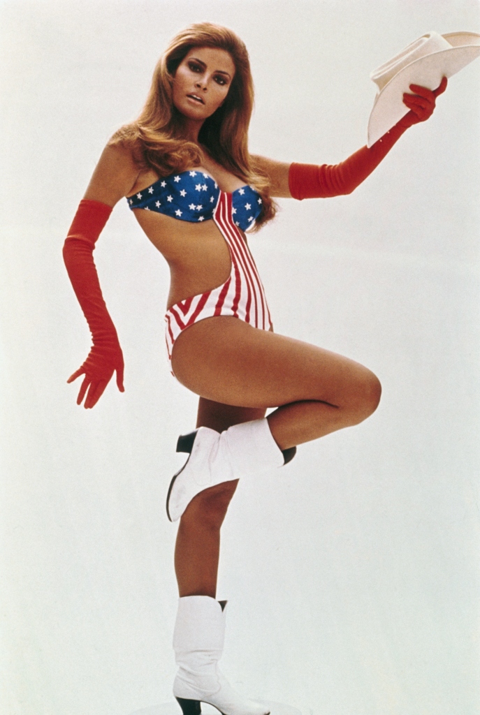 Racquel Welch, posed full length in star-spangled bathing suit for the film "Myra Breckinridge."