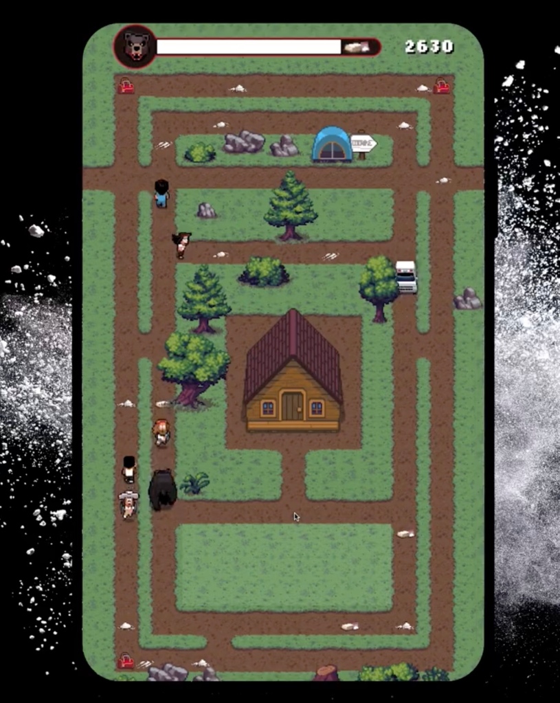 In the game, players assume the role of Cokey the bear in a "Pac-Man"-style game where you must collect the small piles of ...  you guessed it ... cocaine, eat several people and eventually chase down an ambulance. 