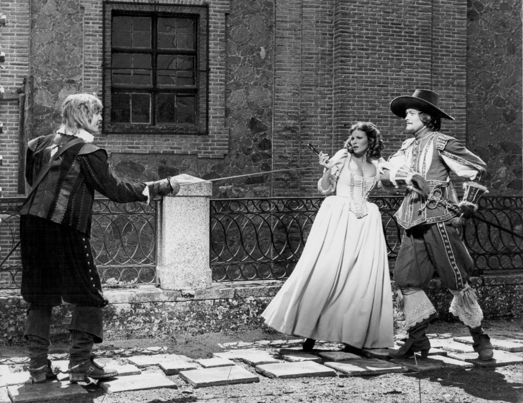 Actors Michael York, Simon Ward and Raquel Welch, in a scene from the movie 'The Three Musketeers', 1973.