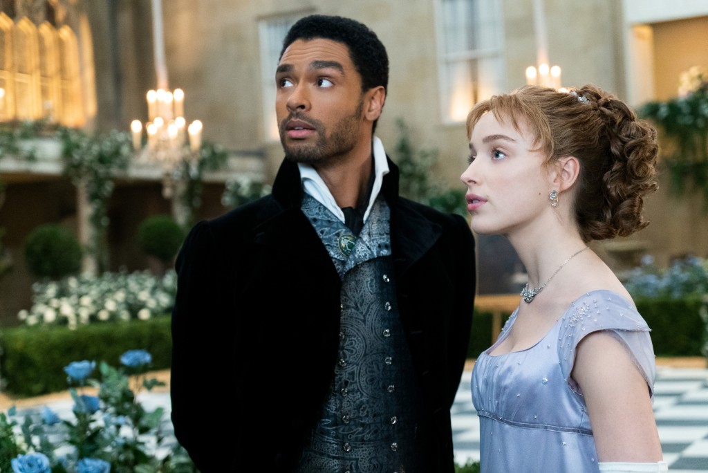 Page as the Duke of Hastings in Bridgerton, with co-star Phoebe Dynevor. 