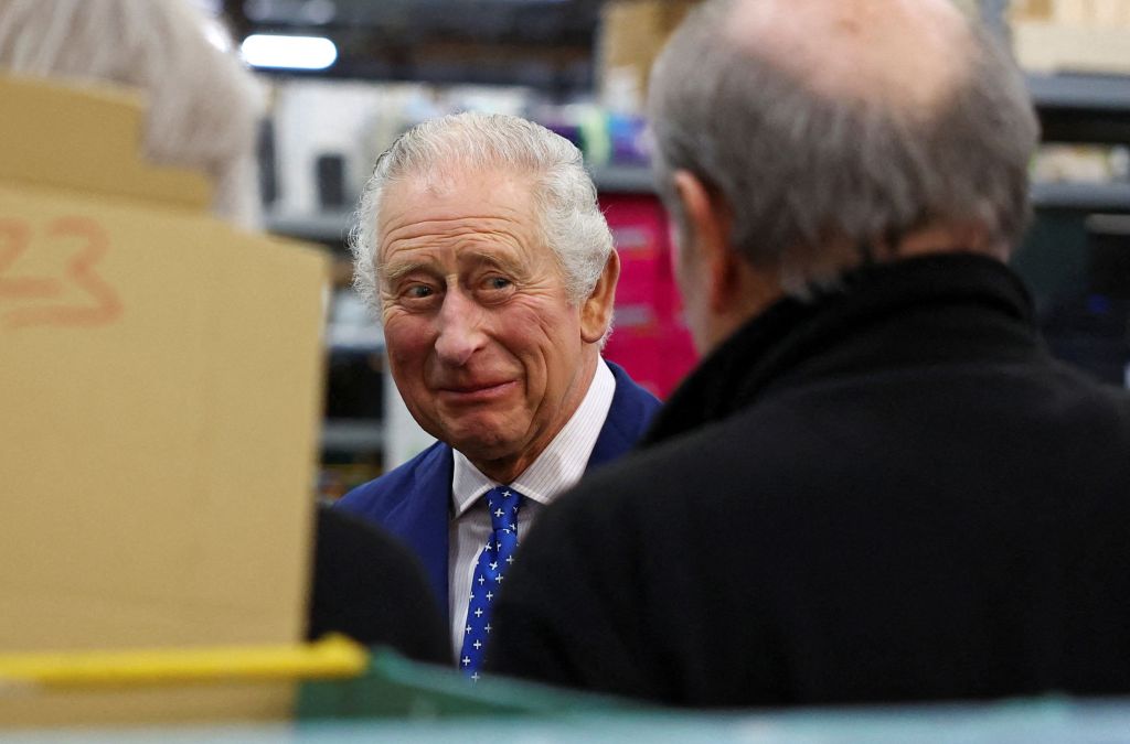 Britain's King Charles III visits the Milton Keynes food bank in Milton Keynes, north of London on February 16, 2023,