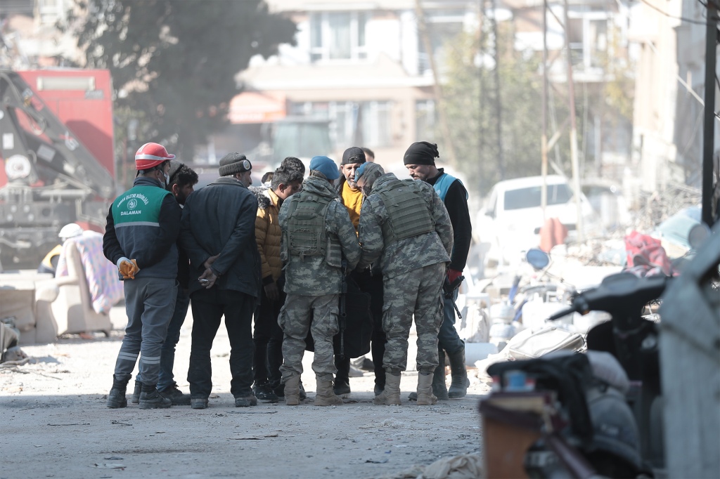 Rescue workers gather in the Hatay province of Turkey.