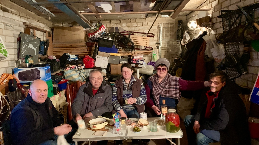 Volodymyr Bieliaiev, 65, second left, is seen in a bomb shelter in Chernihiv, Ukraine in a photo provided to the Post Tuesday, Feb. 21, 2023.