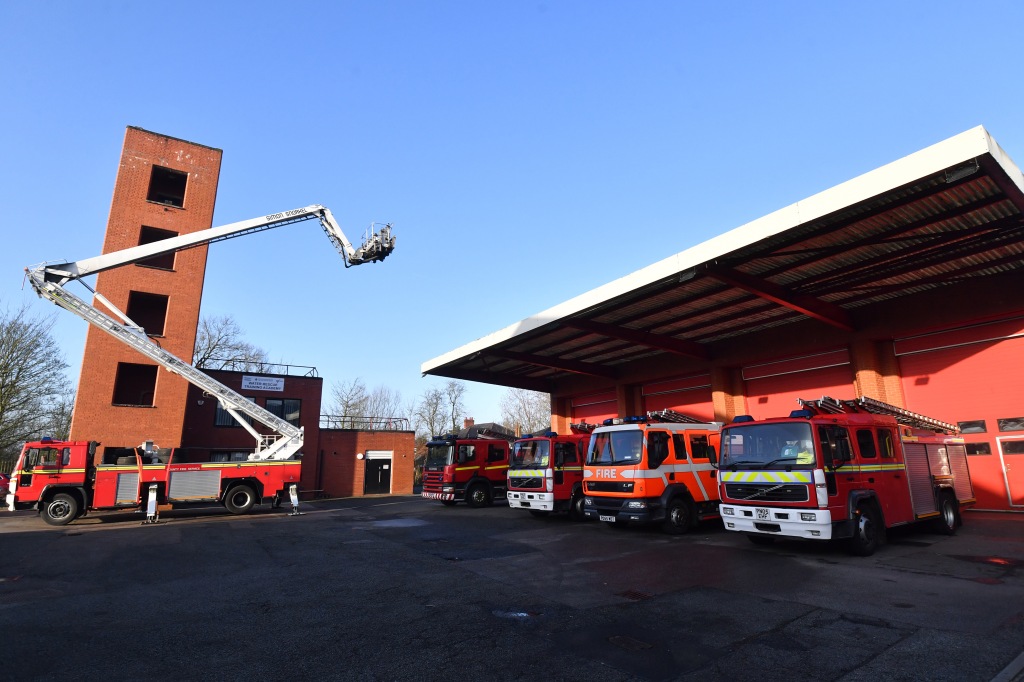 General view as five engines prepare to leave Leigh Community Fire Station destined for Ukraine on March 18, 2022 in Manchester, England.