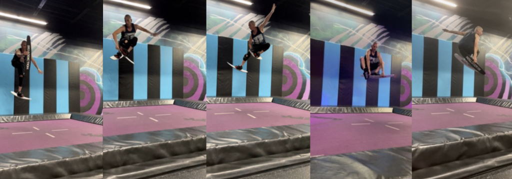 Series of photos showing man on snowboard on trampoline training area.
