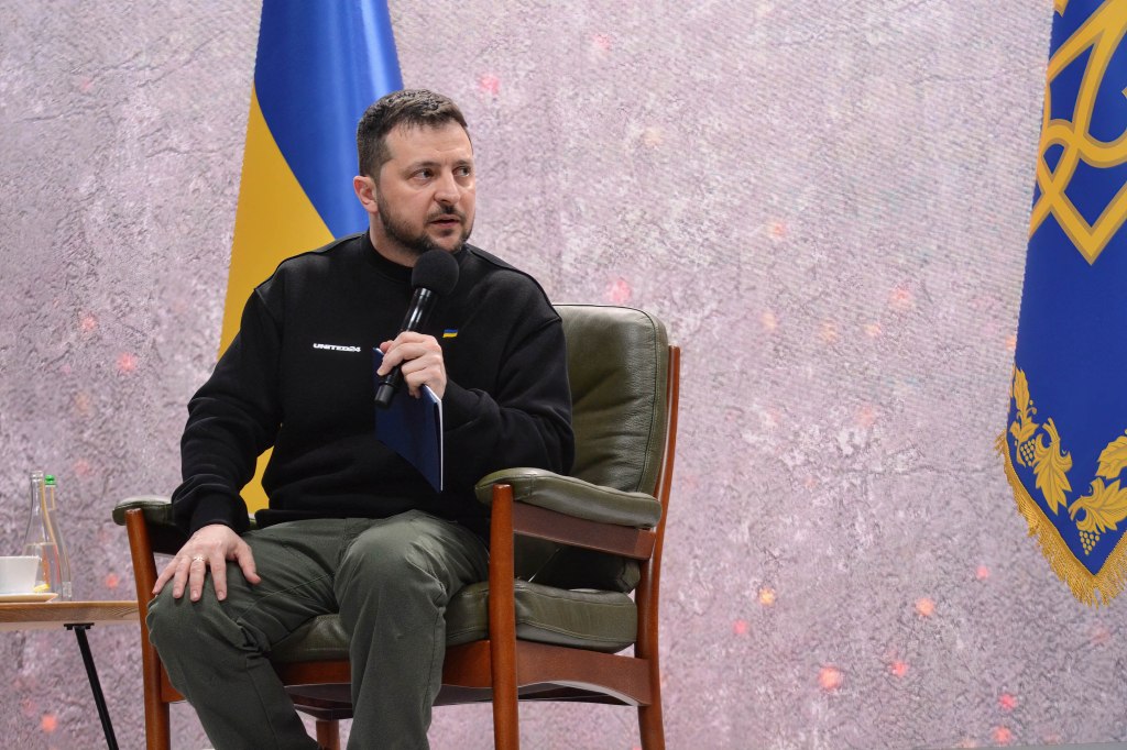 Zelensky speaks to media in Kyiv on February 24, 2023.