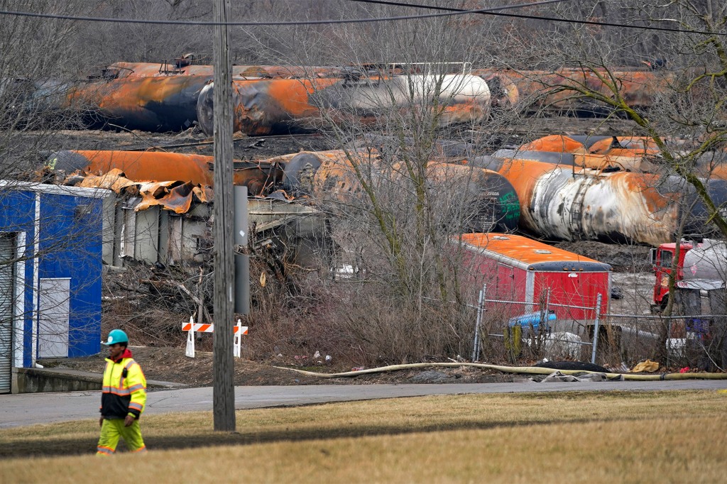 General view of the site of the derailment of a train carrying hazardous waste in East Palestine, Ohio