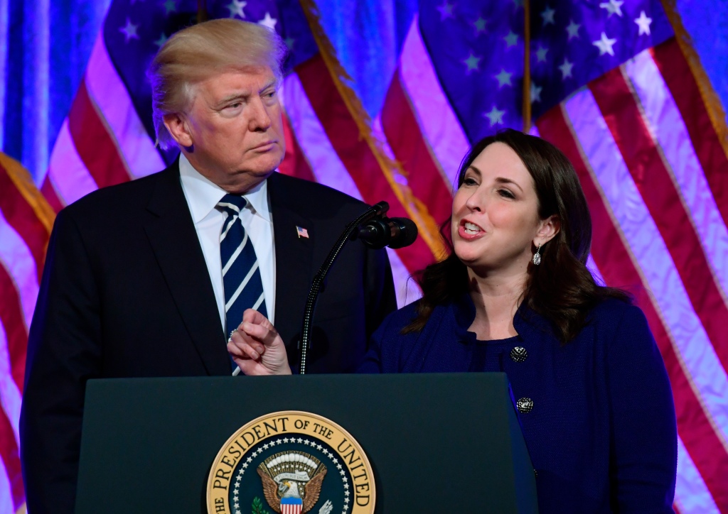 Former President Donald Trump, with Ronna McDaniel at a fundraiser in New York on Dec. 2, 2017, said a decision to back the 2024 Republican presidential nominee would depend on who gets nominated. 